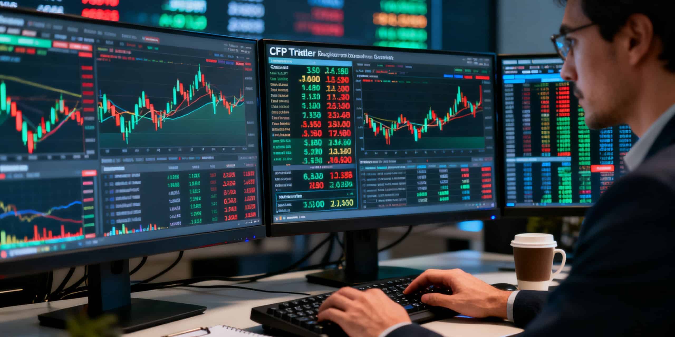 Active CFD trader comparing broker spreads and execution quality on multiple monitors during a volatile financial market