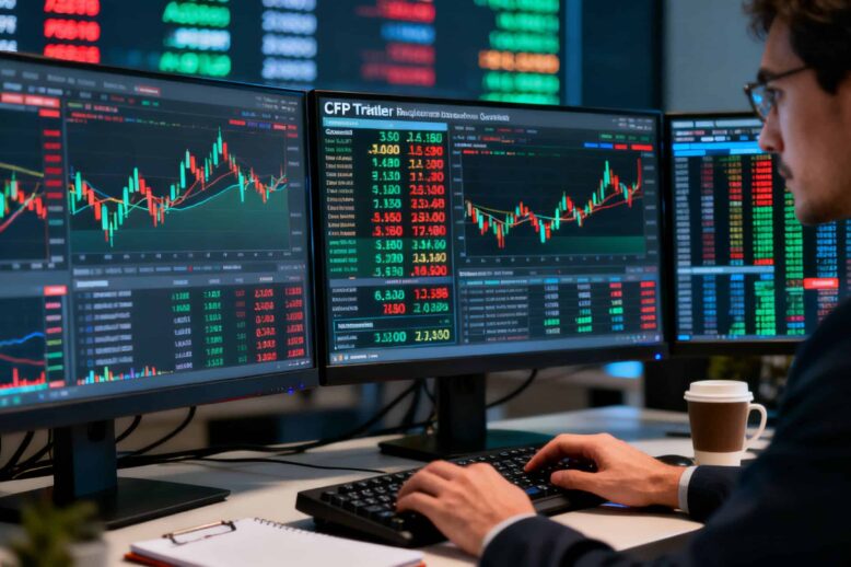 Active CFD trader comparing broker spreads and execution quality on multiple monitors during a volatile financial market
