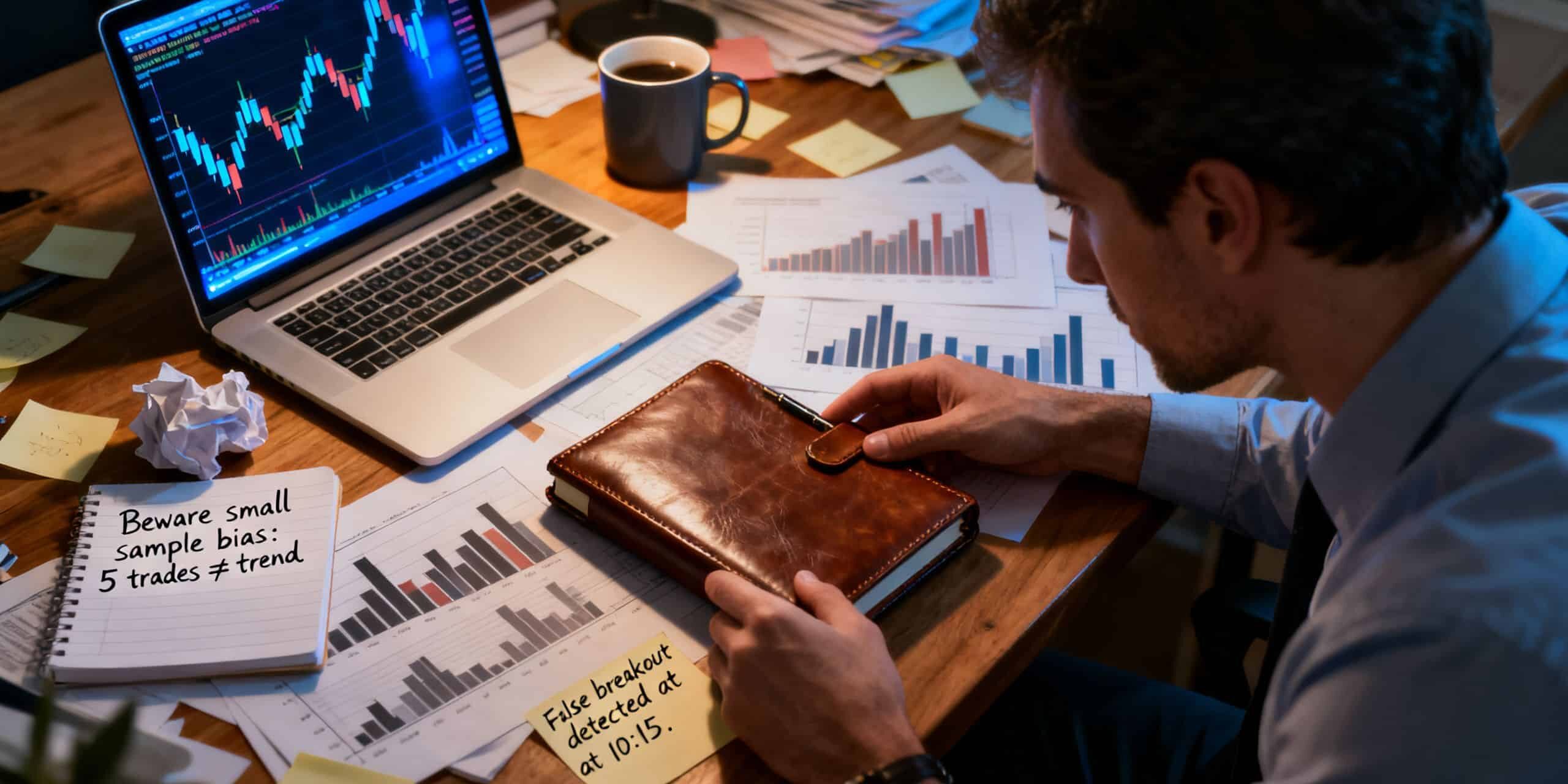 Retail CFD trader at a desk reviewing a trading journal, with charts and scattered notes suggesting the danger of reading false patterns into small samples.