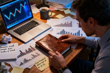 Retail CFD trader at a desk reviewing a trading journal, with charts and scattered notes suggesting the danger of reading false patterns into small samples.