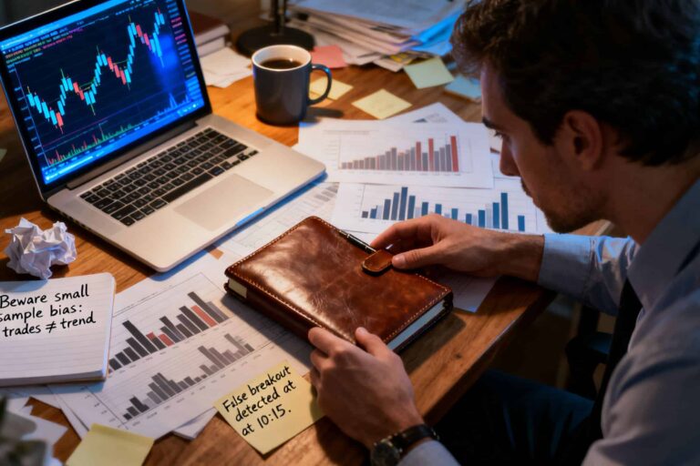 Retail CFD trader at a desk reviewing a trading journal, with charts and scattered notes suggesting the danger of reading false patterns into small samples.