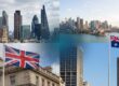 uk and australian financial districts with flags showing