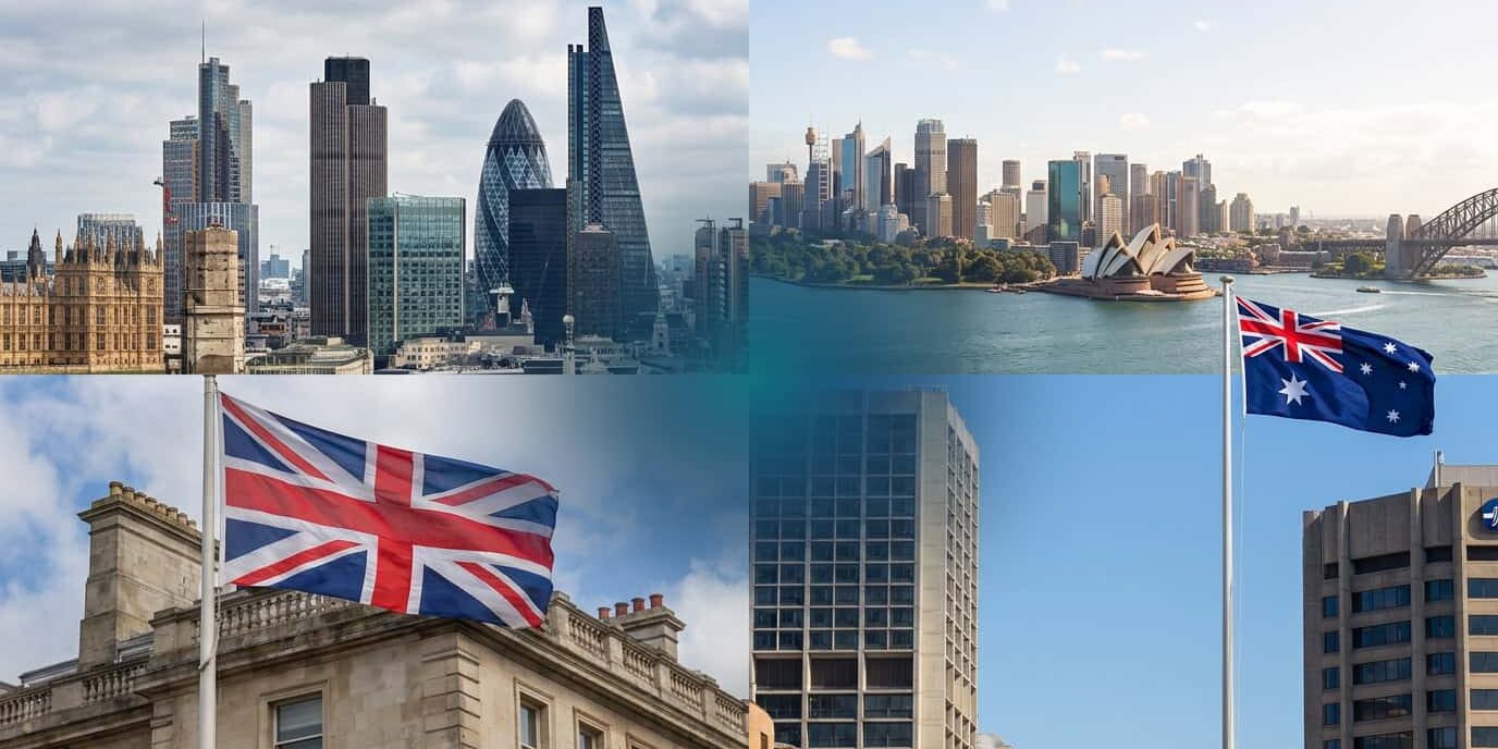 uk and australian financial districts with flags showing
