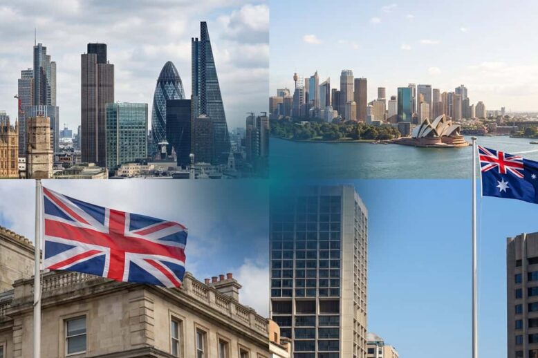 uk and australian financial districts with flags showing