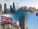 uk and australian financial districts with flags showing