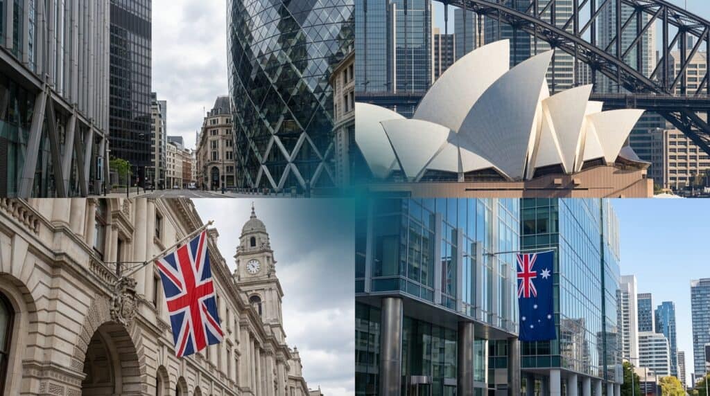 uk and australian financial districts with flags showing